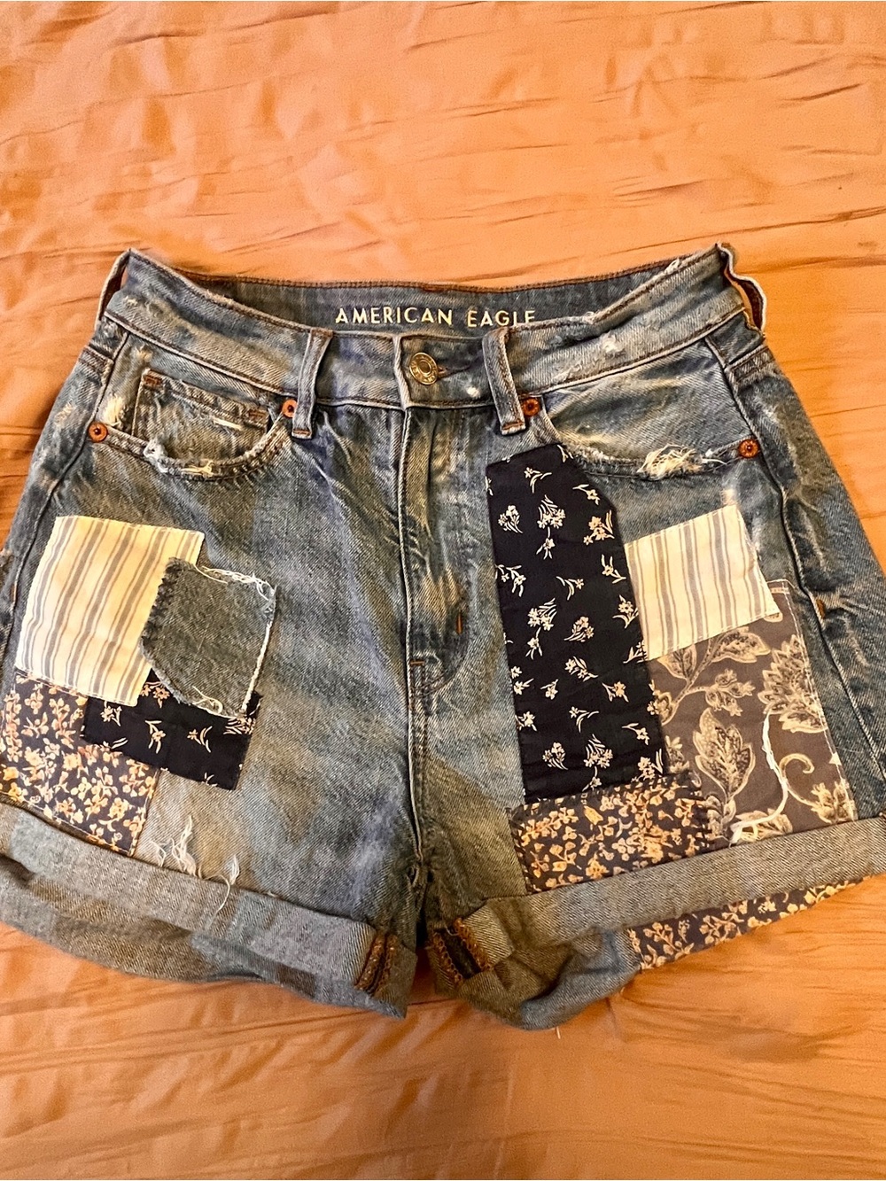 American Eagle Outfitters Blue Patchwork Denim Shorts